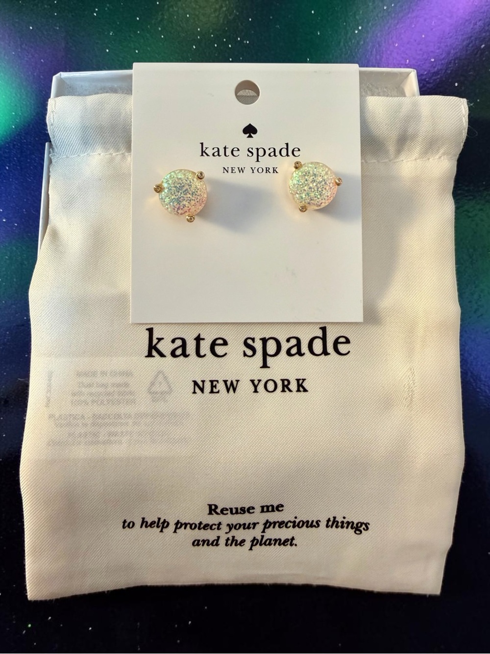 Kate Spade Opal Glitter Rise & Shine Earrings & Dust Bag (A791)
